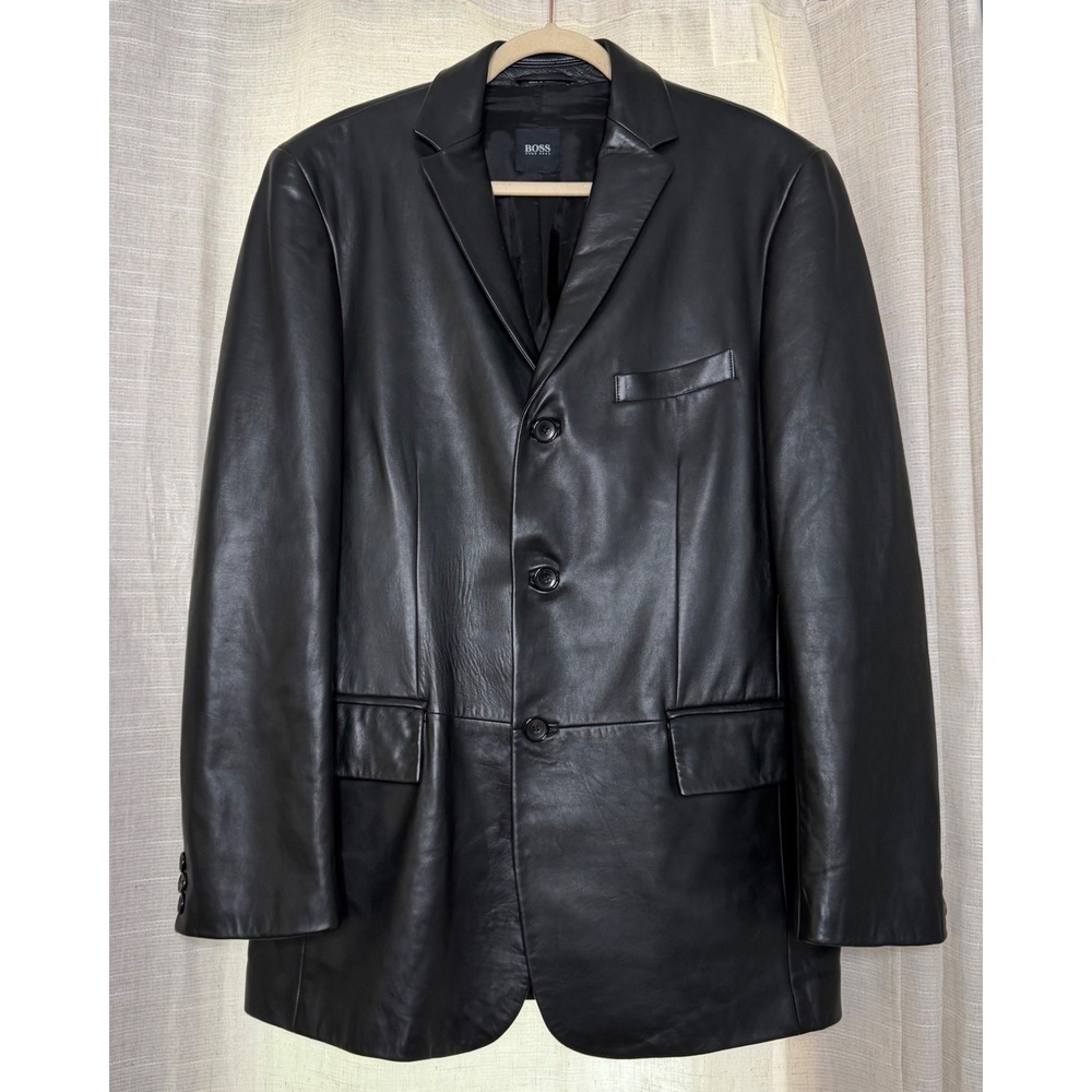 Hugo Boss Lambskin Leather Blazer Jacket Black Barney's New York Men's Size 42R